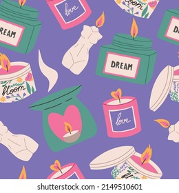 Trendy candles seamless pattern, flat vector illustration on purple background. Colorful candles in shape of woman body and with hand drawn lettering.