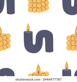 Trendy candles of various shapes and blue and yellow colors. Vector seamless pattern background for packaging, fabric, wallpaper.