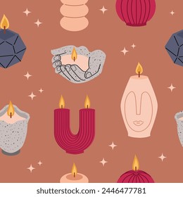 Trendy candles of various shapes and colors. Vector seamless pattern background for packaging, fabric, wallpaper.