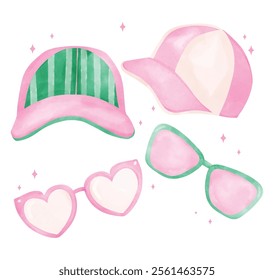 Trendy Caps and Glasses Fashion Pickleball uniform Preppy Aesthetic Pastel Watercolor Art in Green and Pink