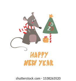 Trendy card Happy new year. A gray mouse in a striped red and white scarf looks at Christmas tree with the inscription 2020. A congratulatory inscription made of cheese. Holiday Greeting card, banner.