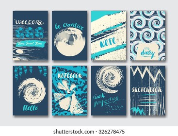Trendy card with patterns, hand drawn words and ink brush strokes. Business creative contemporary design. Templates for placards, posters, flyers, diary, notebook, invitations, leaflets.