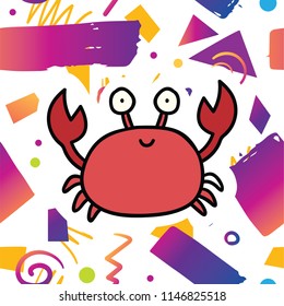 Trendy card prind design with cute crab animal on hipster memphis style background pattern. Cartoon style design concept
