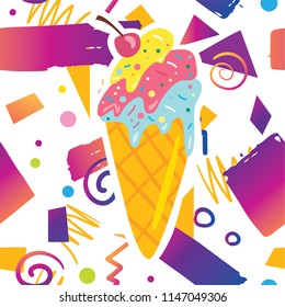Trendy card prind design with cute tasty sweet ice cream on hipster memphis style background pattern. Cartoon style design concept