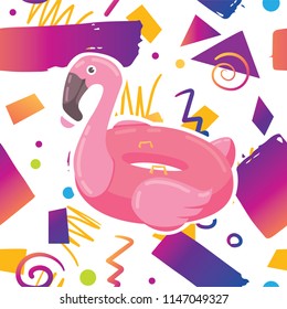 Trendy card prind design with cute flamingo swimming ring on hipster memphis style background pattern. Cartoon style design concept