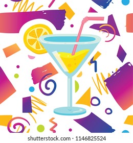 Trendy card prind design with fashion summer cocktail on hipster memphis style background pattern. Cartoon style design concept