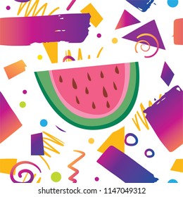 Trendy card prind design with juicy watermelon slice on hipster memphis style background pattern. Cartoon style design concept