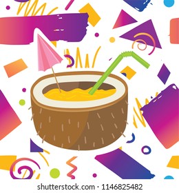 Trendy card prind design with tastyexotic  tropical cocktail drink in coconut on hipster memphis style background pattern. Cartoon style design concept