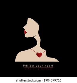  Trendy card, story or poster, abstract female shapes and silhouette. Contemporary art illustrations. Postcard, congratulations with inscriptions -  follow your heart, life is a moment