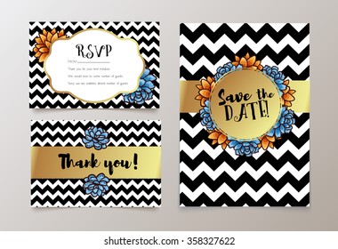 Trendy card with succulent for weddings, save the date invitation, RSVP and thank you, valentines day  cards. Contemporary glamour  template decorated with gold sequins.