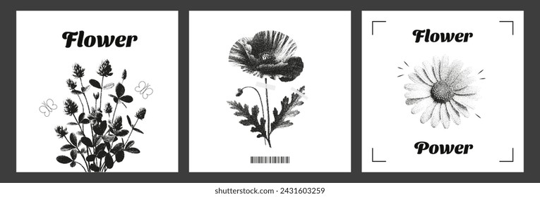 Trendy card templates Wildflowers, retro photocopy effect. Lettering Flower Power. Daisy, Poppy, Clover plants. Vintage stippling effect. Vector illustration