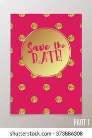 Trendy card for weddings, save the date invitation, RSVP and thank you, valentines day  cards. Contemporary glamour  template decorated with gold sequins.