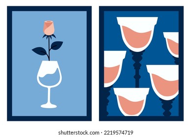 Trendy Cards With Glass Of Wine, Cocktail, Rose. Collection Of Modern Contemporary Posters. Vector Flat Illustration For Valentine's Day, Holidays, Gift, Romantic Dinner, Party, Wedding, Dating