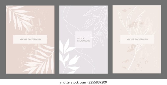 Trendy cards with leaves in pastel colors. Vector temlates for social media, wedding invitation, branding design