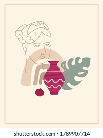 Trendy cards still life vase fruits abstract contemporary shape textures minimalism portrait Ancient Greece. Modern element design for banner, poster, social media templates. Vector illustration