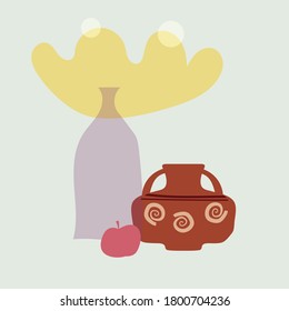 Trendy cards still life vase fruits abstract contemporary shape textures minimalism. Modern element design for banner, poster, social media templates. Vector illustration isolated