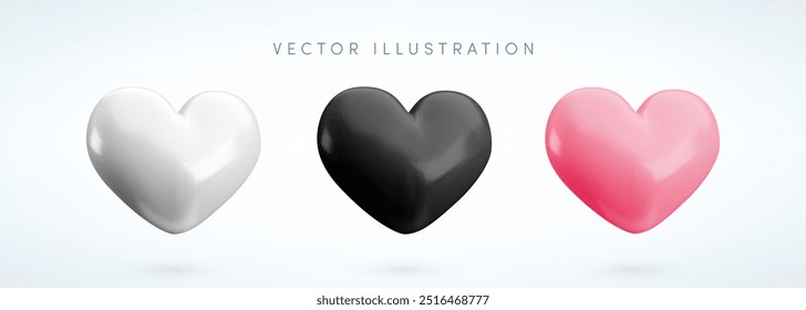 Trendy Cartoon 3d color heart set. Realistic 3d render love icon collection. Vector cute black, white and pink hearts, Happy Valentine's Day element for web, app, greeting card, decor, design, game.