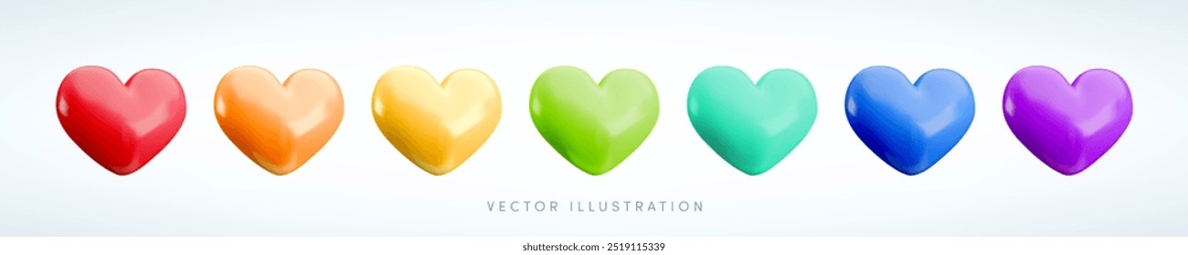 Trendy Cartoon 3d color heart set. Realistic 3d render love icon collection. Vector cute red, green, yellow, blue hearts, Happy Valentine's Day element for web, app, greeting card, decor, game, design