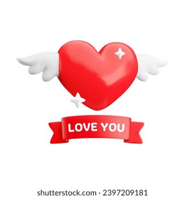 Trendy Cartoon 3d Valentines illustration. Realistic 3d render red heart with cute white angel wings and Love you text on red ribbon. Vector Happy Valentine's Day concept for web, app, greeting card.