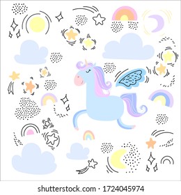 Trendy cartoon birthday card with black doodle unicorn on colorful background for wallpaper design. great design for any purposes