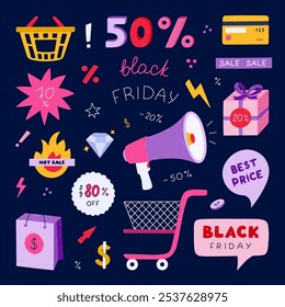 Trendy cartoon Black Friday sale set. Hand drawn package, present box, basket, discount tags for shopping with big price off. Cool colorful doodle for business, store, market, internet sale