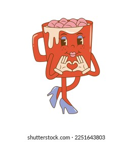 Trendy cartoon character groovy mug cocoa in retro style. Valentines day concept. 60s 70s aesthetics vintage vector illustration.