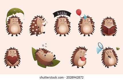 Trendy cartoon cute character hedgehog. Cartoon character flat vector illustration. Sticker pack.