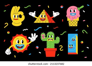 Trendy cartoon elements. Funny  graphic set. Abstract artwork composition. Bright collage, comic icon collection. Poster style trendy cartoon elements. Trip card sticker design. Vector illustration.
