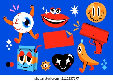 Trendy cartoon elements. Funny  graphic set. Abstract artwork composition. Bright collage, comic icon collection. Poster style trendy cartoon elements. Trip card sticker design. Vector illustration.