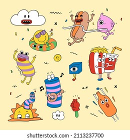 Trendy cartoon elements. Funny  graphic set. Abstract artwork composition. Bright collage, comic icon collection. Poster style trendy cartoon elements. Trip card sticker design. Vector illustration.
