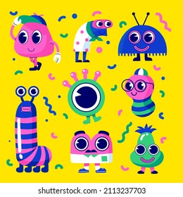 Trendy cartoon elements. Funny  graphic set. Abstract artwork composition. Bright collage, comic icon collection. Poster style trendy cartoon elements. Trip card sticker design. Vector illustration.