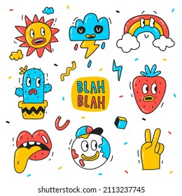 Trendy cartoon elements. Funny  graphic set. Abstract artwork composition. Bright collage, comic icon collection. Poster style trendy cartoon elements. Trip card sticker design. Vector illustration.