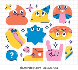 Trendy cartoon elements. Funny  graphic set. Abstract artwork composition. Bright collage, comic icon collection. Poster style trendy cartoon elements. Trip card sticker design. Vector illustration.