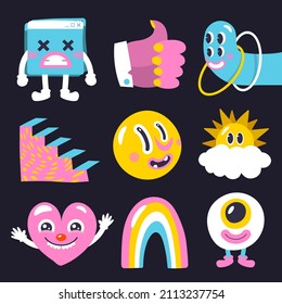 Trendy Cartoon Elemente. Hübsches Grafikset. Abstrakte Komposition von Kunstwerken. Helle Collage, Comic-Icon-Sammlung. Poster-Stil trendige Cartoon-Elemente. Design des Trip-Card-Aufklebers. Vektorgrafik.