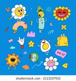 Trendy cartoon elements. Funny  graphic set. Abstract artwork composition. Bright collage, comic icon collection. Poster style trendy cartoon elements. Trip card sticker design. Vector illustration.