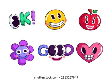 Trendy cartoon elements. Funny  graphic set. Abstract artwork composition. Bright collage, comic icon collection. Poster style trendy cartoon elements. Trip card sticker design. Vector illustration.
