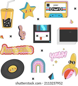 Trendy cartoon elements. Funny  graphic set. Abstract artwork composition. Bright collage, comic icon collection. Poster style trendy cartoon elements. Trip card sticker design. Vector illustration.