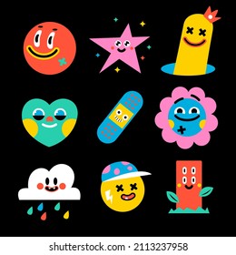 Trendy cartoon elements. Funny  graphic set. Abstract artwork composition. Bright collage, comic icon collection. Poster style trendy cartoon elements. Trip card sticker design. Vector illustration.