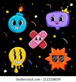 Trendy cartoon elements. Funny  graphic set. Abstract artwork composition. Bright collage, comic icon collection. Poster style trendy cartoon elements. Trip card sticker design. Vector illustration.
