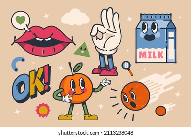 Trendy cartoon elements. Funny  graphic set. Abstract artwork composition. Bright collage, comic icon collection. Poster style trendy cartoon elements. Trip card sticker design. Vector illustration.