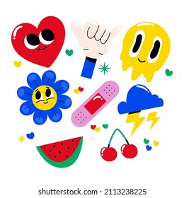 Trendy cartoon elements. Funny  graphic set. Abstract artwork composition. Bright collage, comic icon collection. Poster style trendy cartoon elements. Trip card sticker design. Vector illustration.
