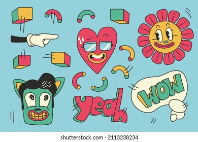 Trendy cartoon elements. Funny  graphic set. Abstract artwork composition. Bright collage, comic icon collection. Poster style trendy cartoon elements. Trip card sticker design. Vector illustration.