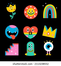 Trendy cartoon elements. Funny  graphic set. Abstract artwork composition. Bright collage, comic icon collection. Poster style trendy cartoon elements. Trip card sticker design. Vector illustration.