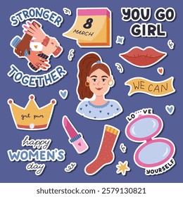 Trendy cartoon feminism sticker set for planners, notebooks, diary. Ready for print list of lovely women symbols with fist up, lady portrait, lips, princess crown, lovely hand drawn typography.