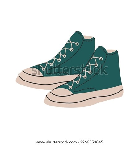 Trendy cartoon footwear. Fashion casual pair of sneakers, stylish walking sports shoes side view. Vector illustration