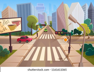 Trendy cartoon gradient style vector city with crossroad, road signs and cars.