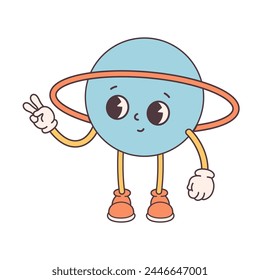 Trendy cartoon groovy planet character in retro style 60s and 70s. Solar System, Space. Earth Day, Save planet. Vector illustration in flat style