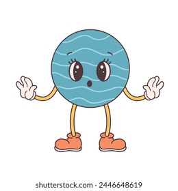 Trendy cartoon groovy planet character in retro style 60s and 70s. Solar System, Space. Earth Day, Save planet. Vector illustration in flat style