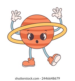 Trendy cartoon groovy planet character in retro style 60s and 70s. Solar System, Space. Earth Day, Save planet. Vector illustration in flat style