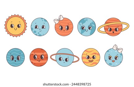 Trendy cartoon groovy planet characters in retro style 60s and 70s. Space, Solar System. Vector illustration in flat style